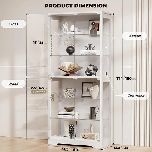 BROTTAR 6 Tier Curio Cabinet with Adjustable Glass Shelves LED Lights - White