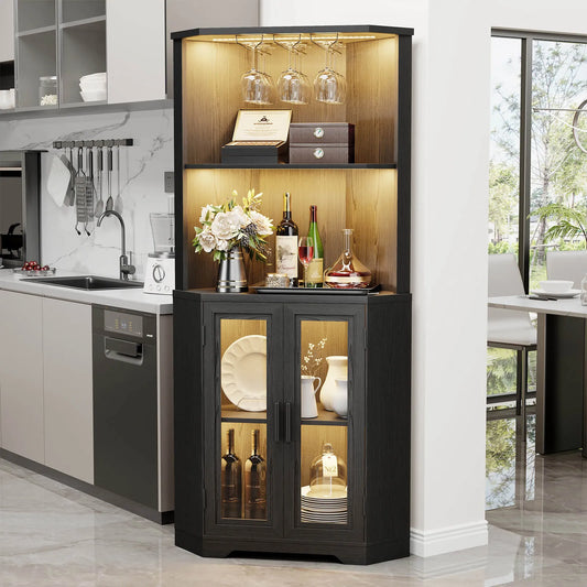 BROTTAR Corner Wine Bar Cabinet with LEDs & Glass Holder