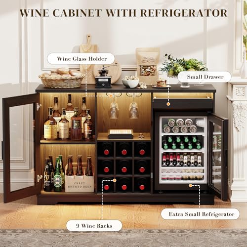 Coffee Bar Cabinet with Fridge, LED Lights & Wine Rack, Black