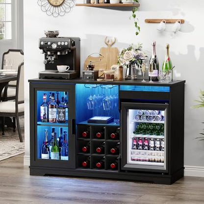 Coffee Bar Cabinet with Fridge, LED Lights & Wine Rack, Black
