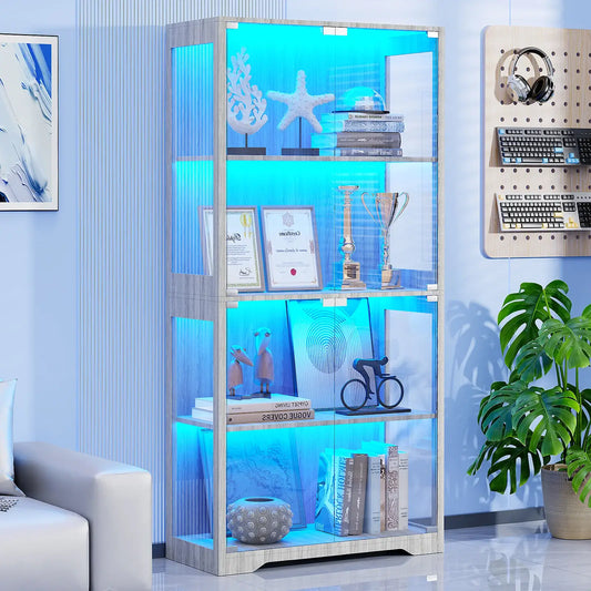 BROTTAR LED Glass Display Cabinet — 4-Shelf Curio Case - Grey