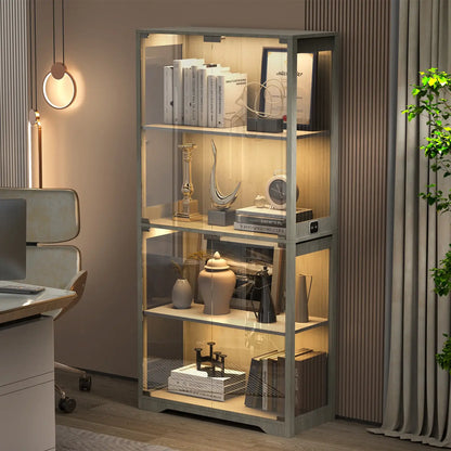 BROTTAR LED Glass Display Cabinet — 4-Shelf Curio Case - Grey