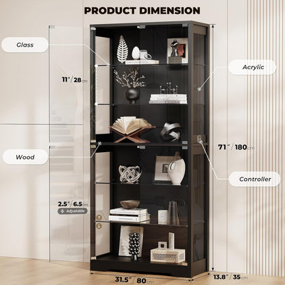BROTTAR 6-Tier Curio Cabinet with Adjustable Glass Shelves & LED Lights - Black