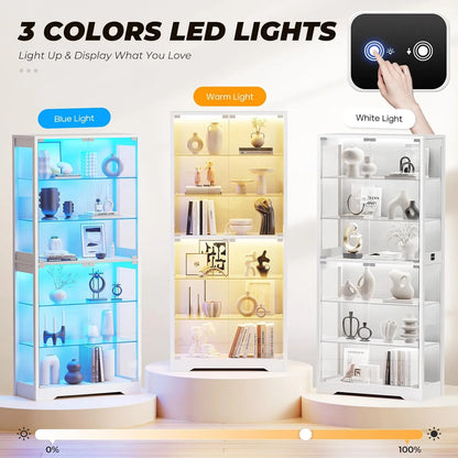 BROTTAR 6 Tier Curio Cabinet with Adjustable Glass Shelves  LED Lights - White