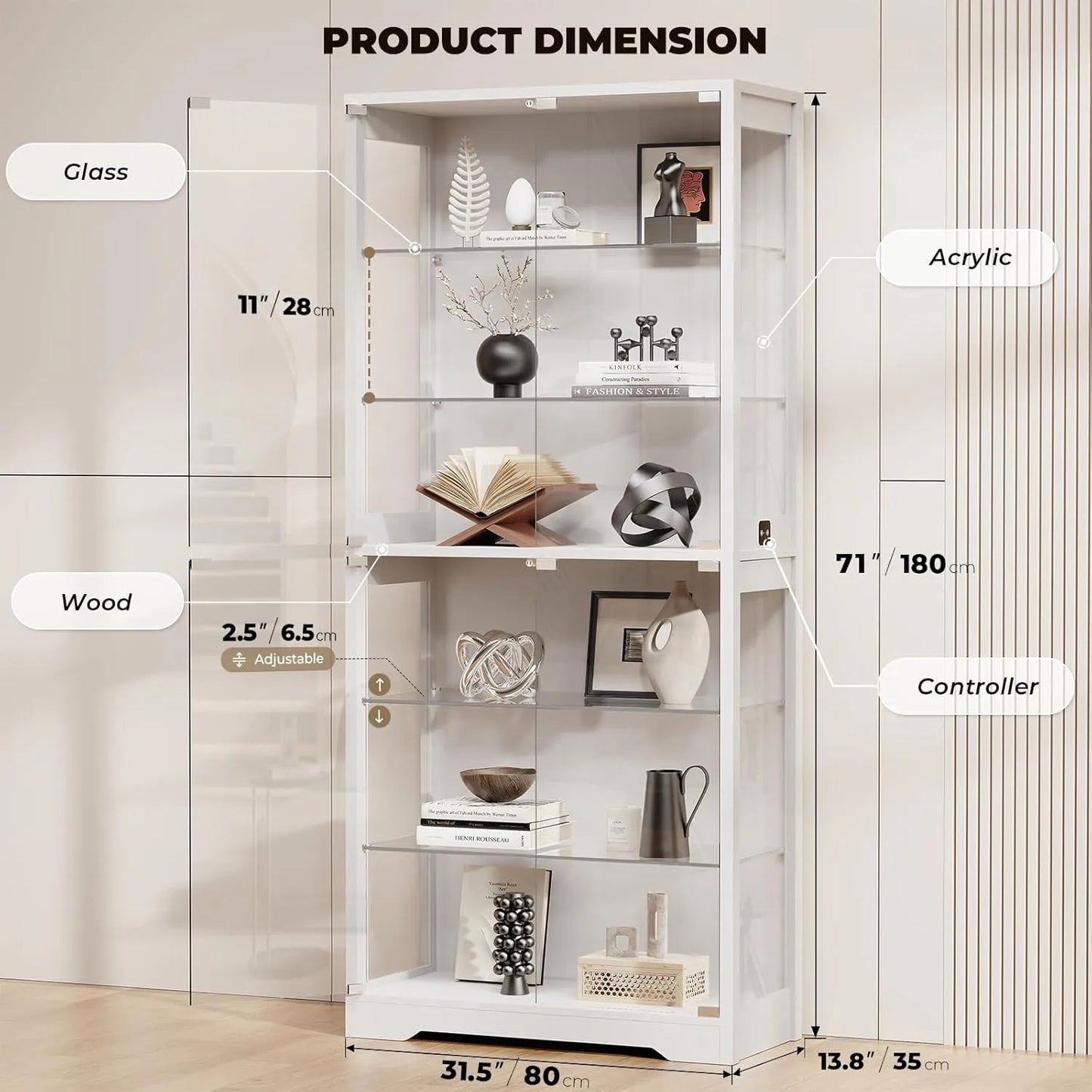 BROTTAR 6 Tier Curio Cabinet with Adjustable Glass Shelves  LED Lights - White