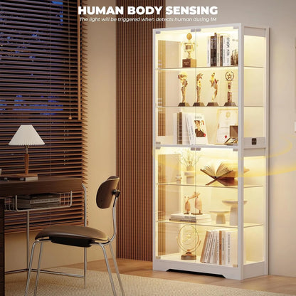 BROTTAR 6 Tier Curio Cabinet with Adjustable Glass Shelves  LED Lights - White