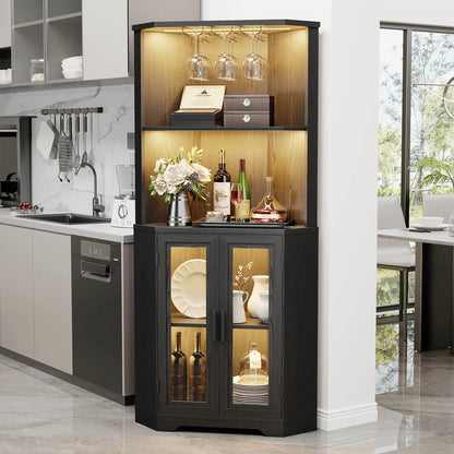 BROTTAR  Corner Wine Bar Cabinet with LEDs & Glass Holder
