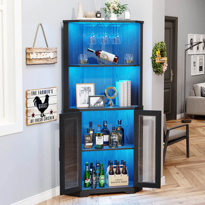 BROTTAR  Corner Wine Bar Cabinet with LEDs & Glass Holder