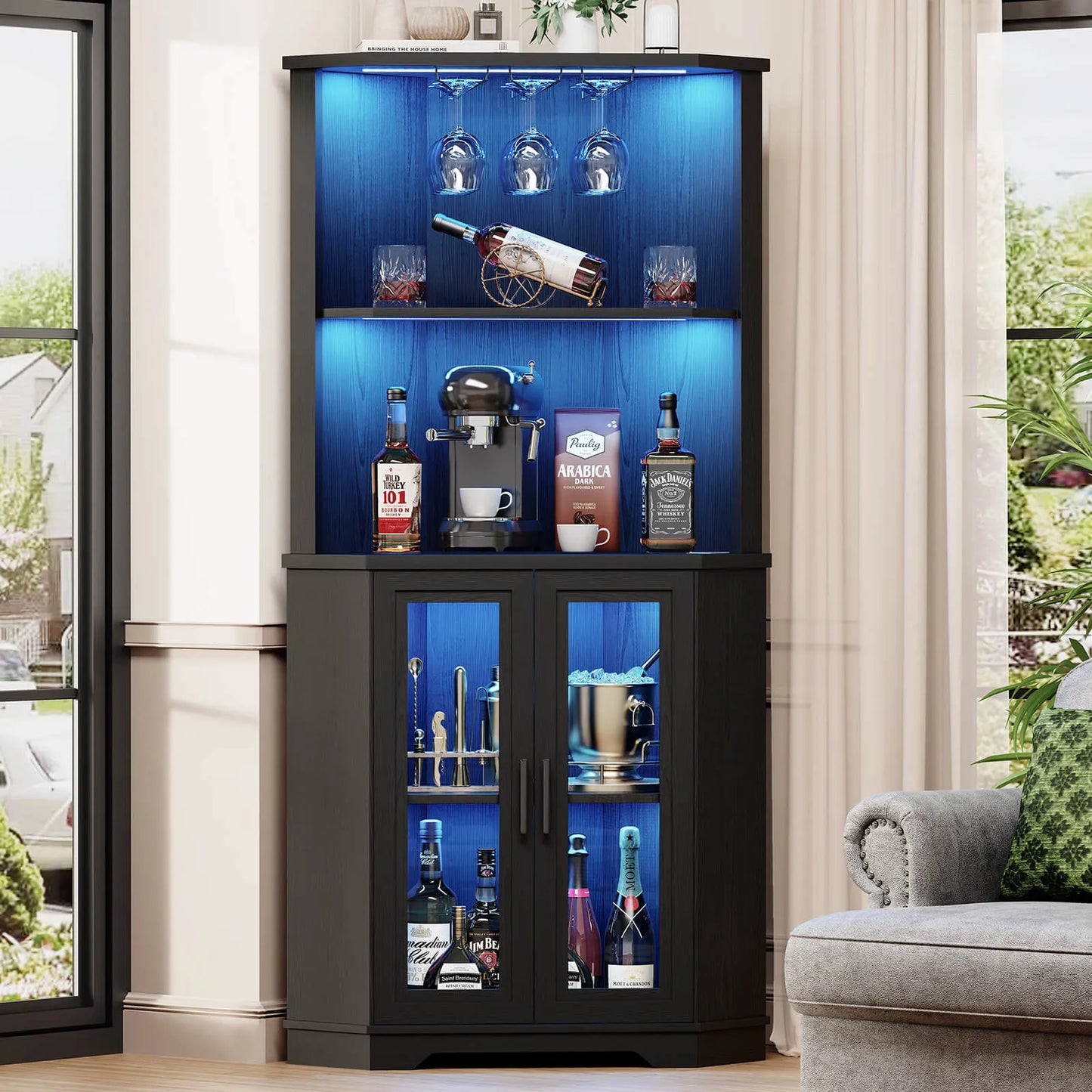 BROTTAR  Corner Wine Bar Cabinet with LEDs & Glass Holder