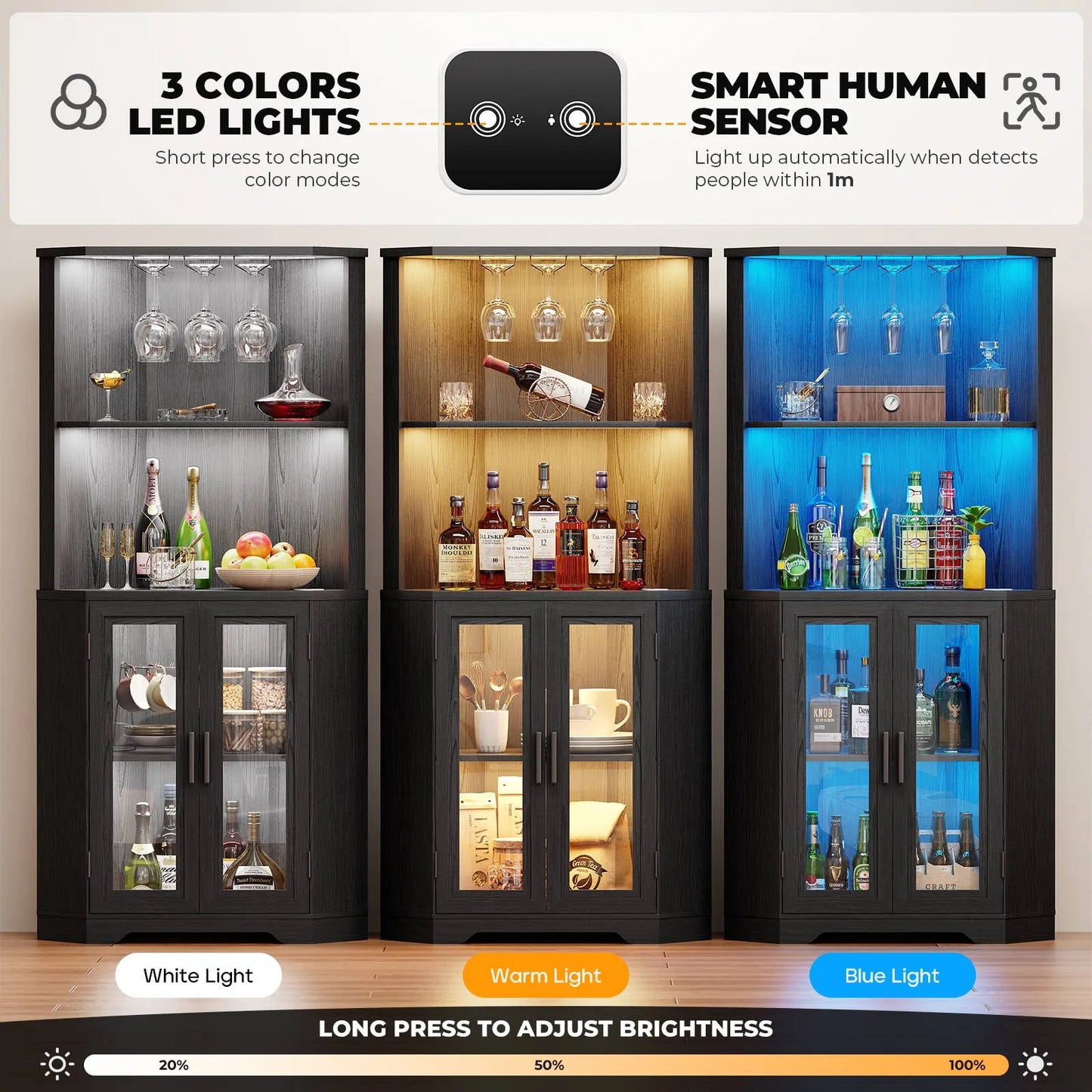 BROTTAR  Corner Wine Bar Cabinet with LEDs & Glass Holder